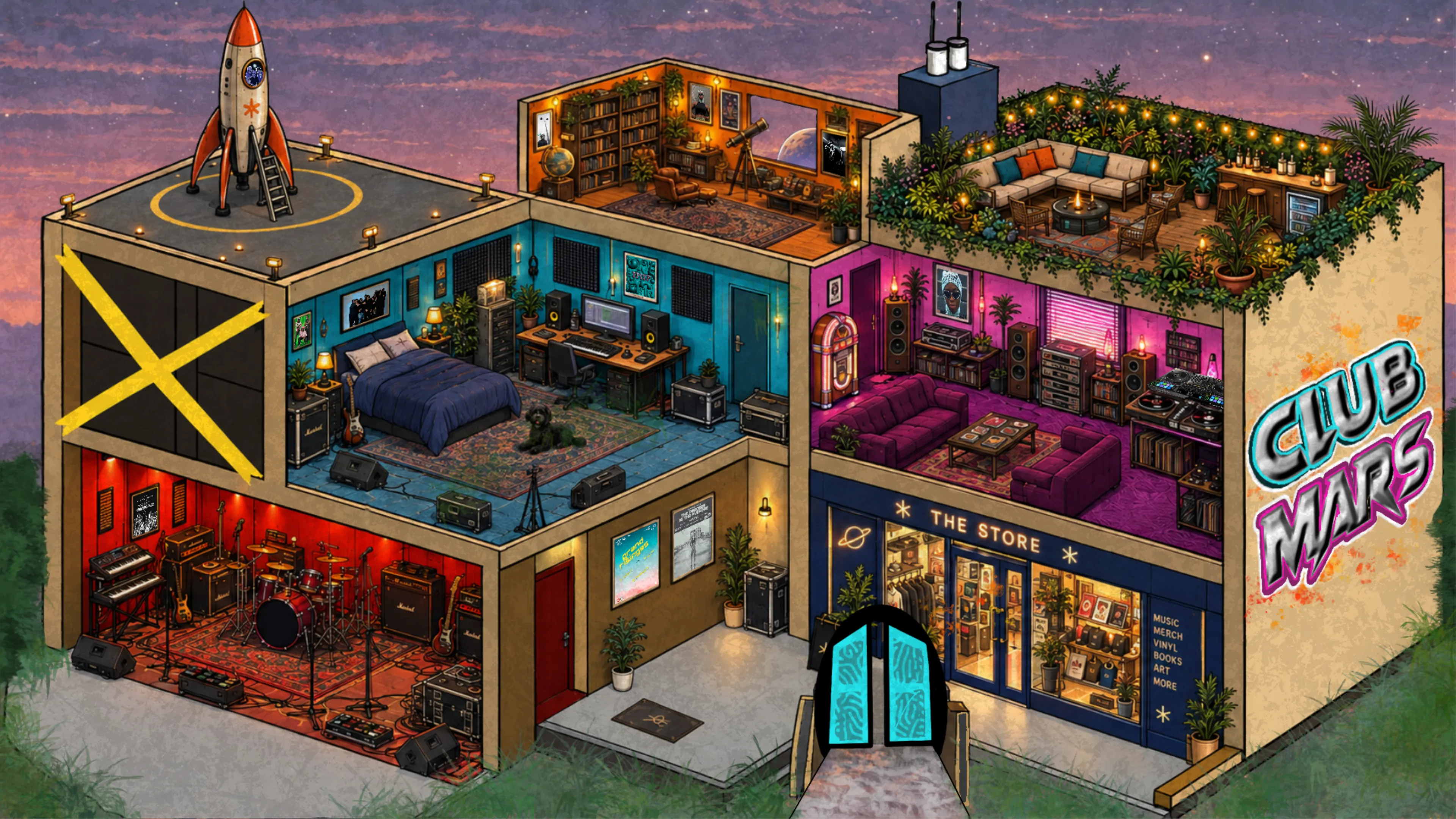 Isometric cutaway of the Club Mars building at dusk: a rocket and helipad on the roof, a roof garden, a library, a bedroom studio, a listening room with a jukebox, a live room, and a shop at street level.